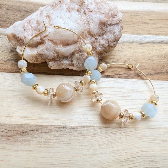 Gold, Aquamarine and Shell Artisan Hoop Earrings - Picture 2 of 9